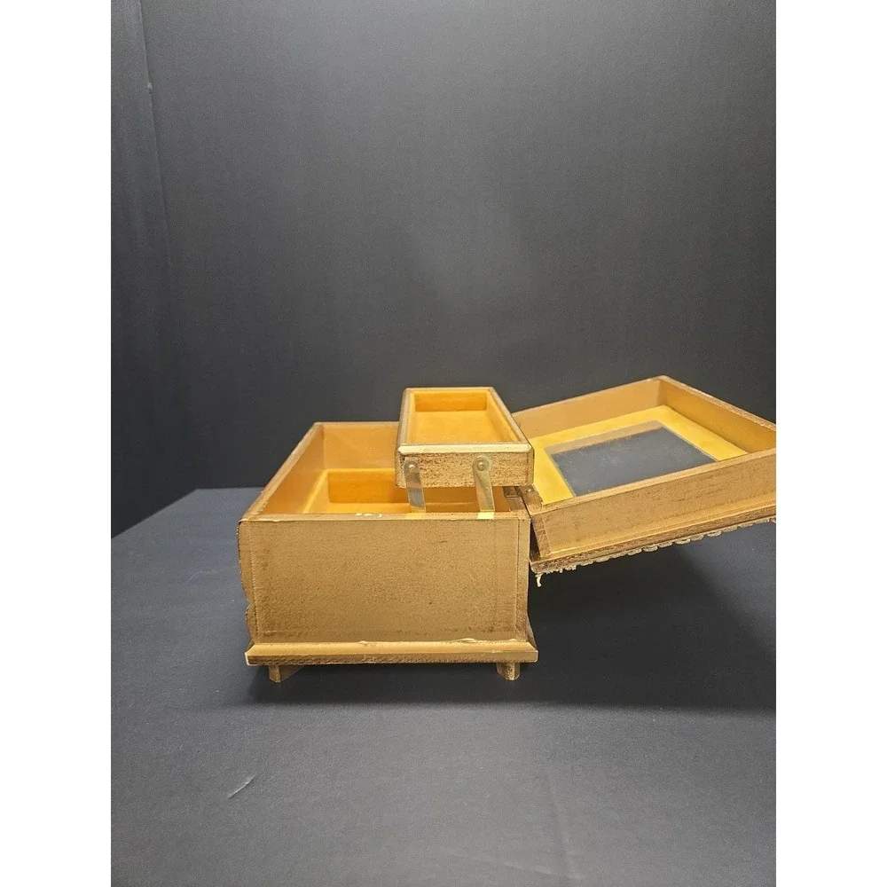 Vintage Japan Music Jewelry Box Gold Romantic Scene Mirror TOYO Love Story Them